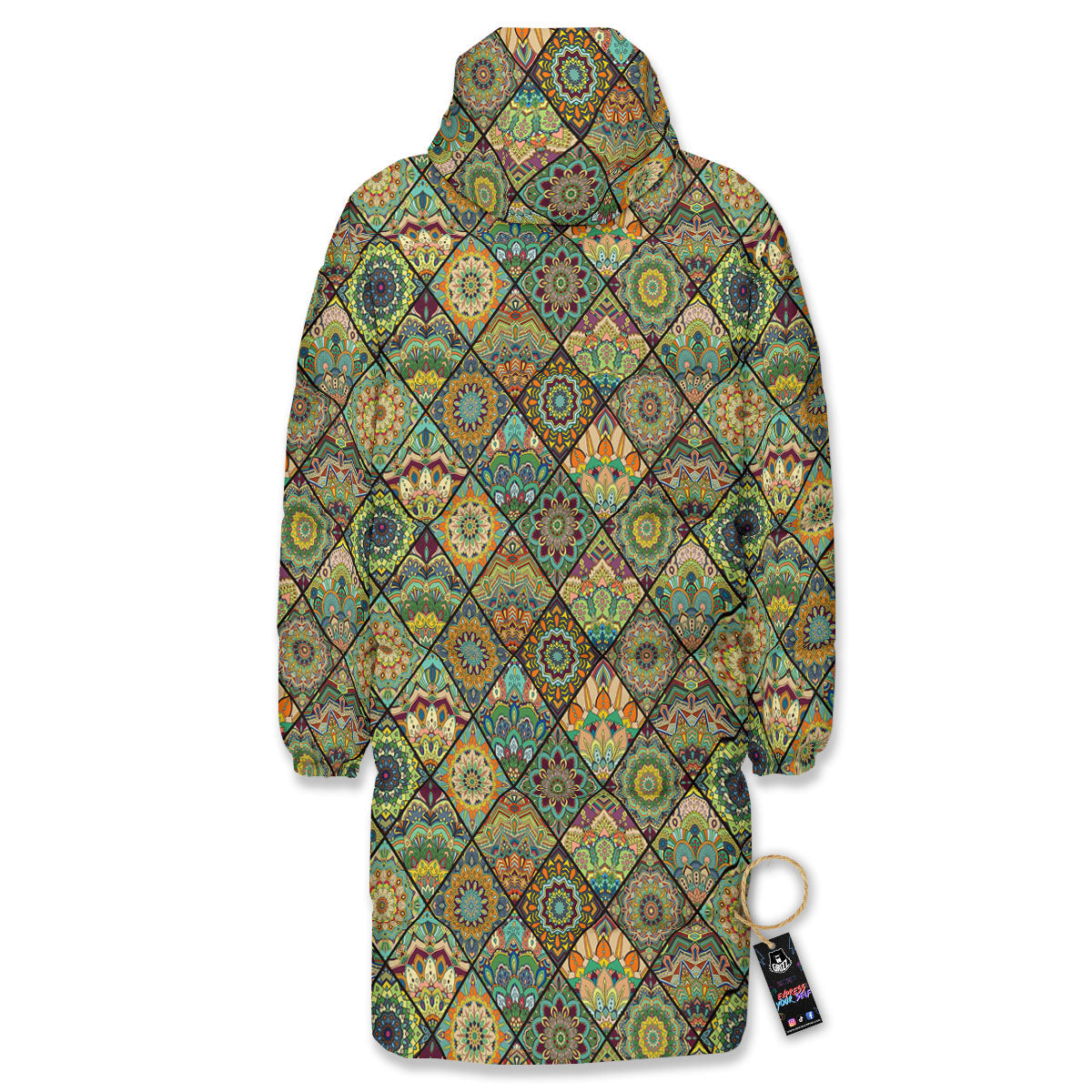 Mandala Patchwork Oval Bohemian Print Pattern Long Down Jacket-grizzshop