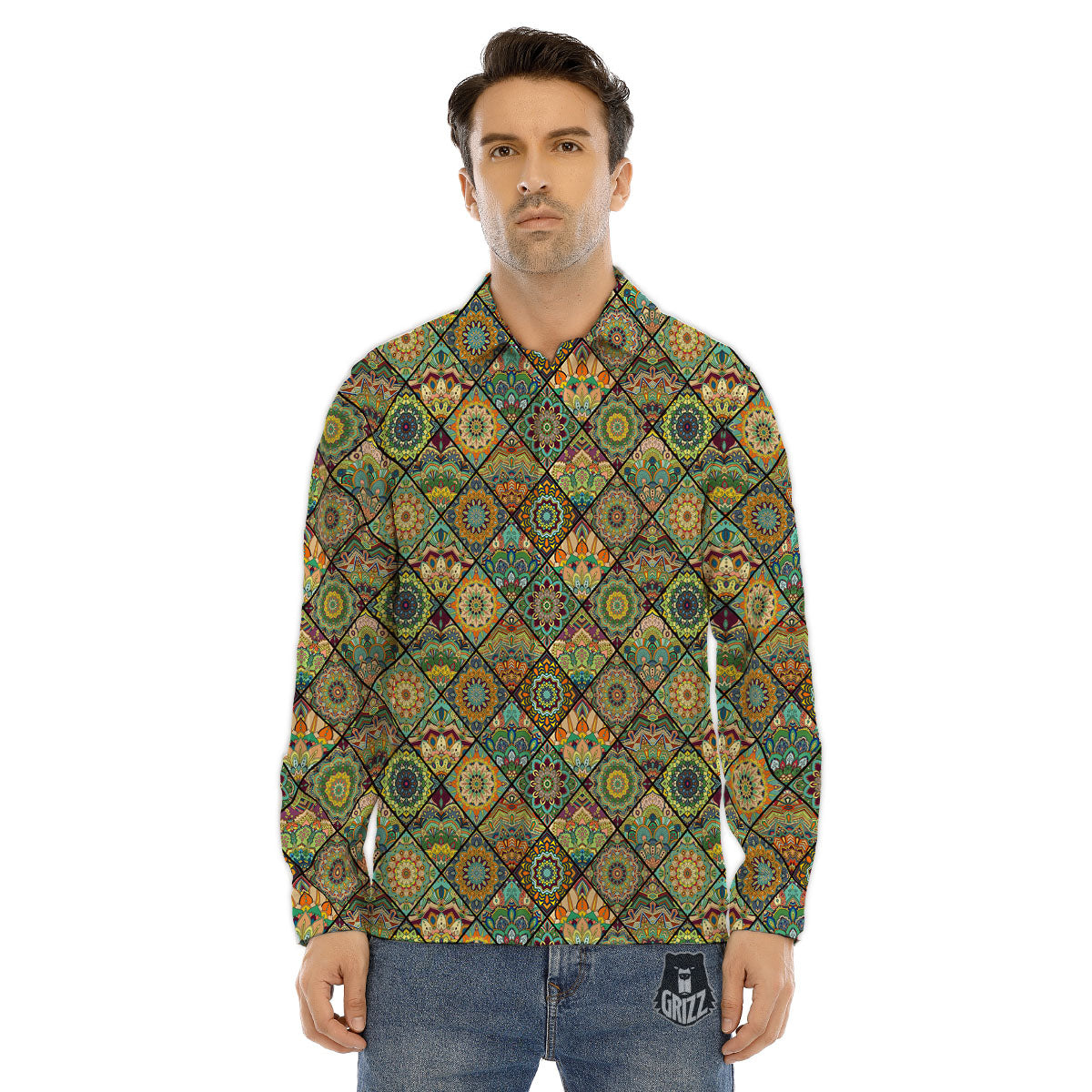 Mandala Patchwork Oval Bohemian Print Pattern Men's Dress Shirts-grizzshop