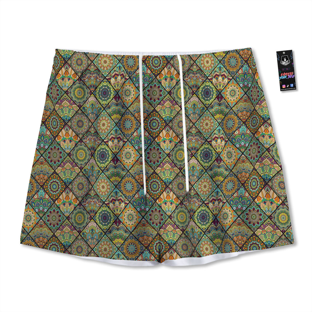 Mandala Patchwork Oval Bohemian Print Pattern Mesh Shorts