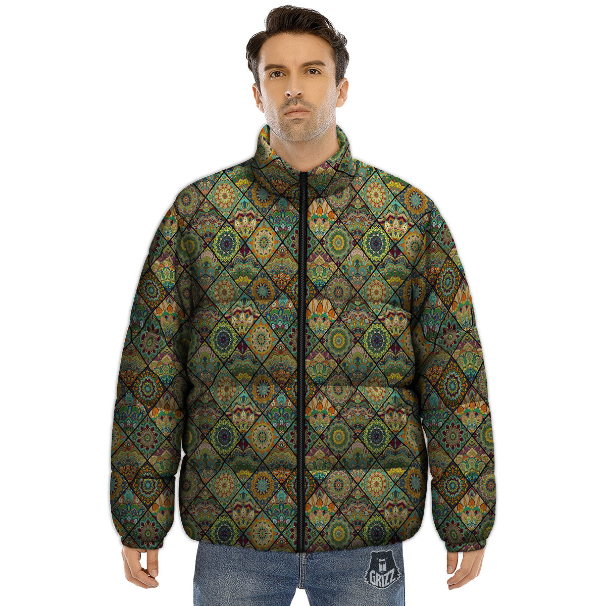 Mandala Patchwork Oval Bohemian Print Pattern Puffer Jacket-grizzshop