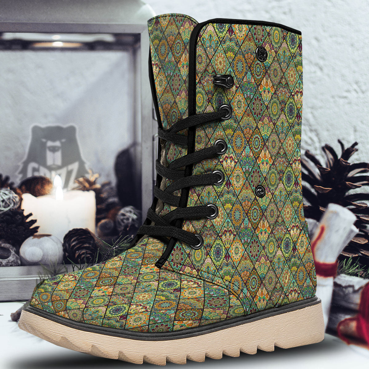 Mandala Patchwork Oval Bohemian Print Pattern Snow Boots-grizzshop