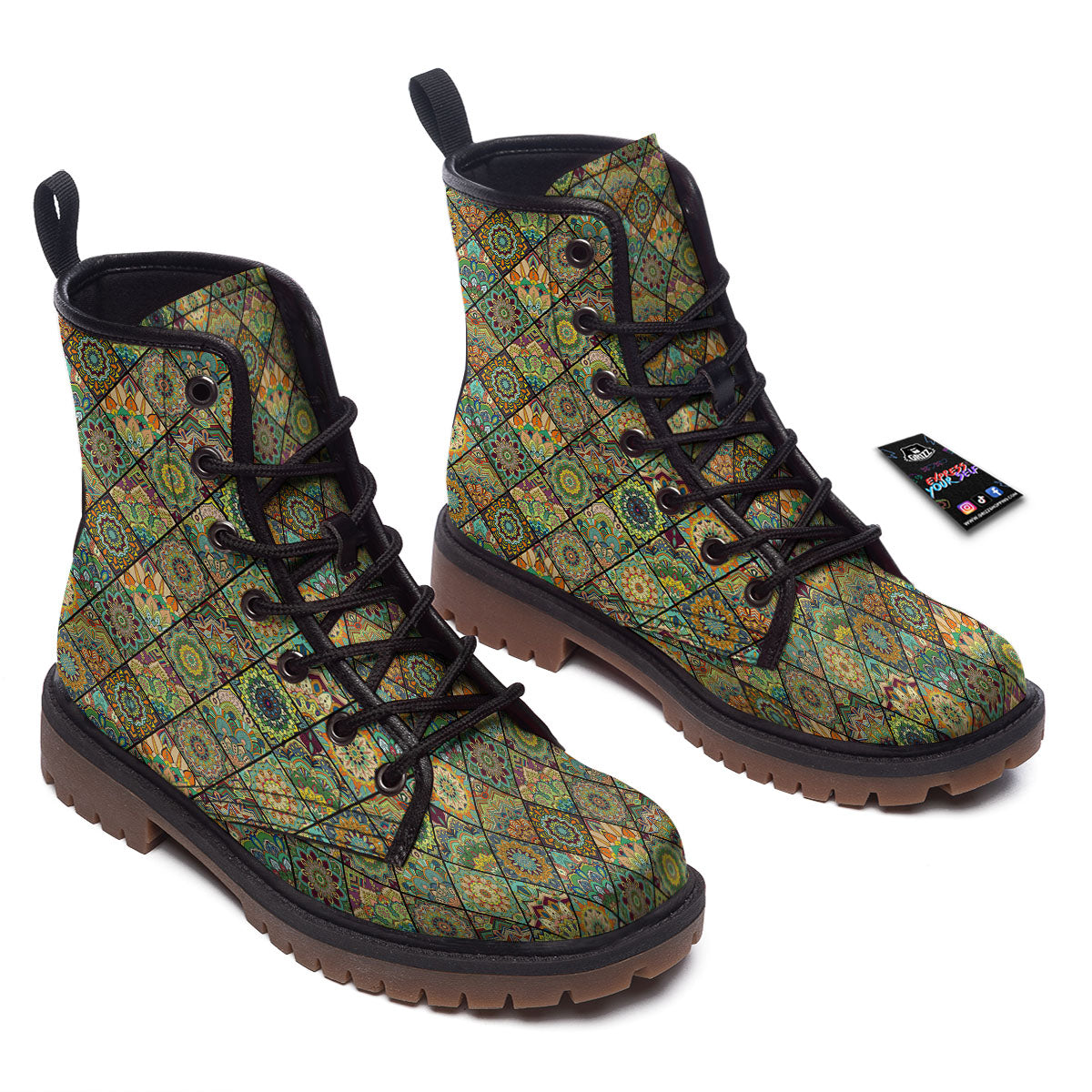Mandala Patchwork Oval Bohemian Print Pattern Work Boots-grizzshop