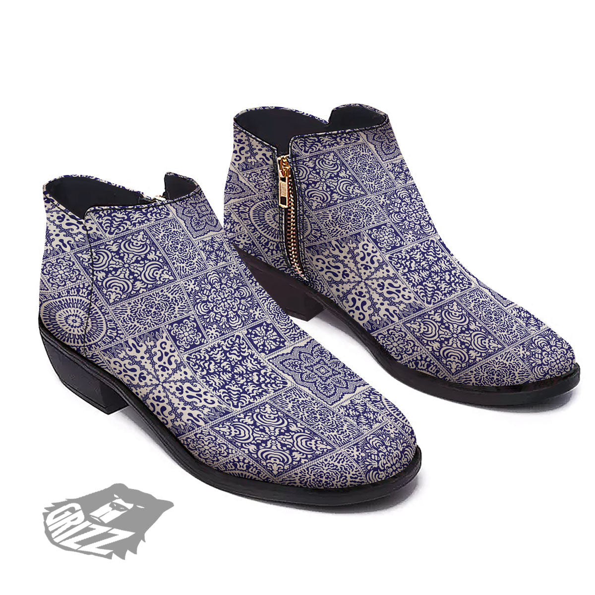 Mandala Patchwork Square Bohemian Print Pattern Ankle Boots-grizzshop