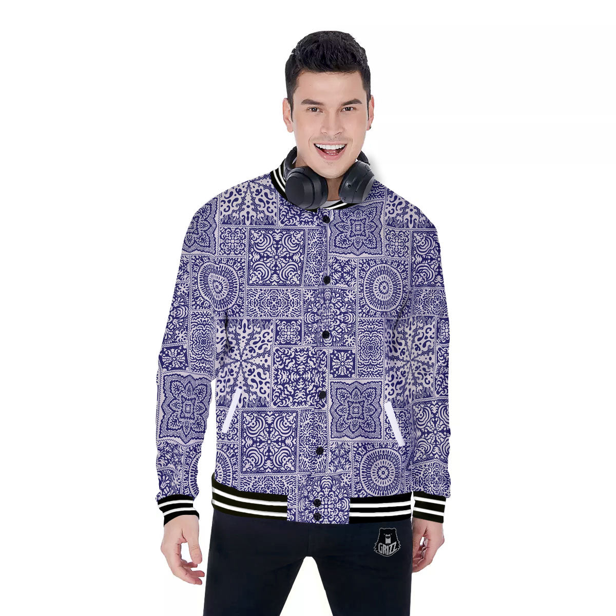 Mandala Patchwork Square Bohemian Print Pattern Baseball Jacket-grizzshop