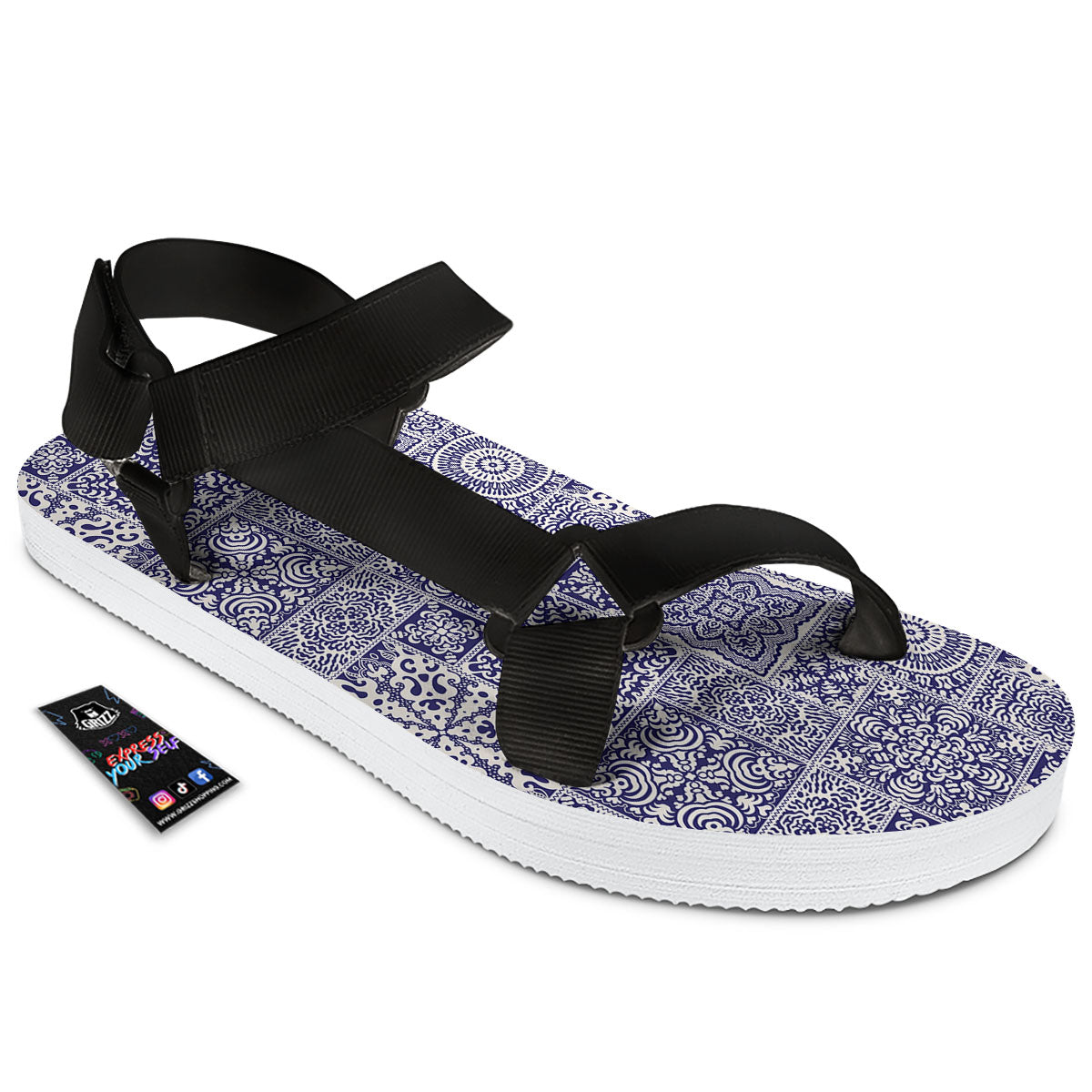 Mandala Patchwork Square Bohemian Print Pattern Black Open Toe Sandals-grizzshop
