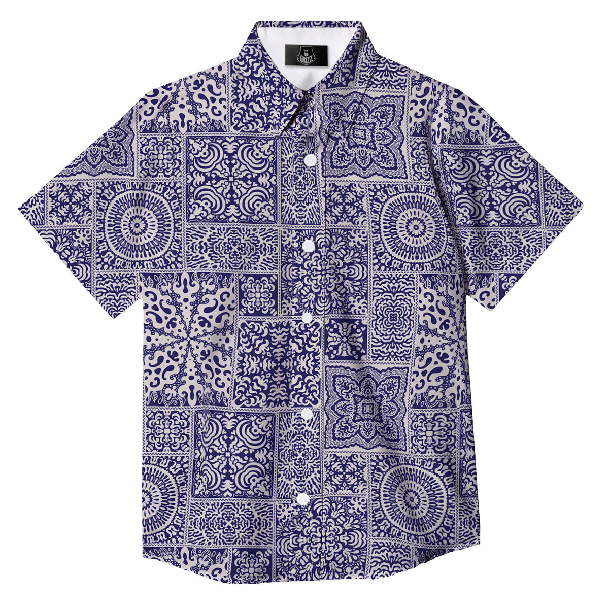 Mandala Patchwork Square Bohemian Print Pattern Button Up Shirt-grizzshop