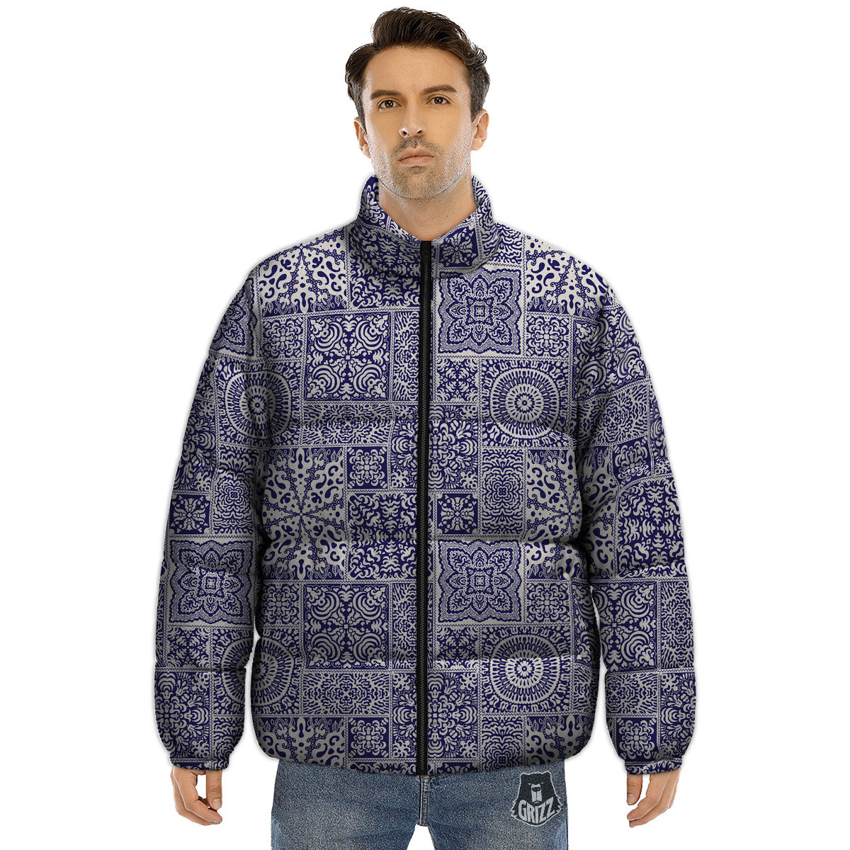 Mandala Patchwork Square Bohemian Print Pattern Puffer Jacket-grizzshop