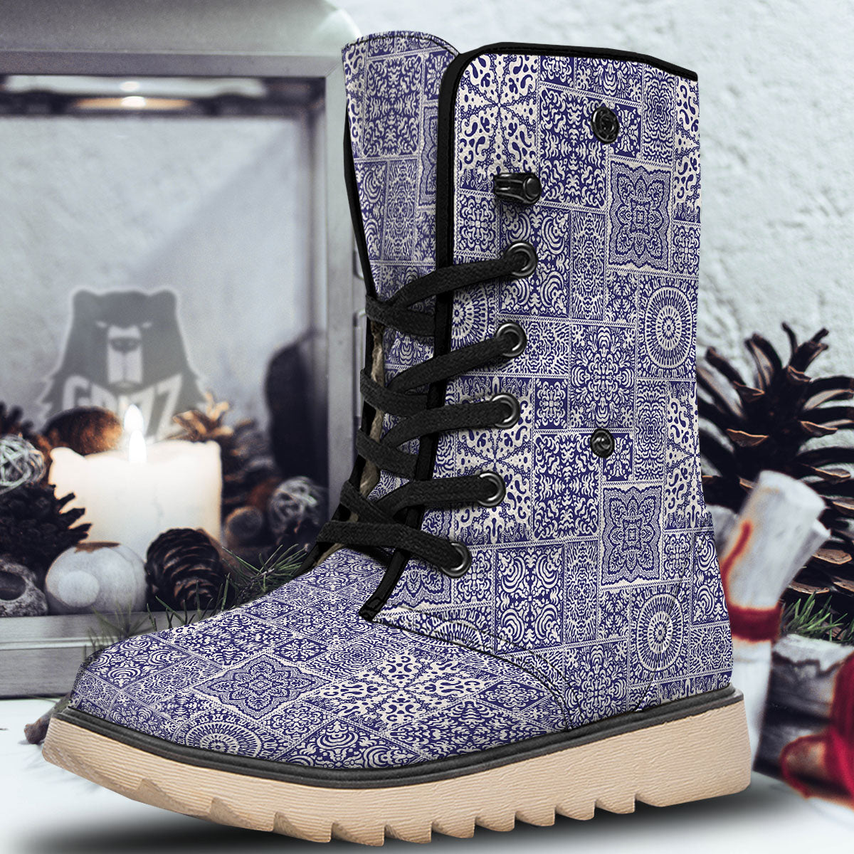 Mandala Patchwork Square Bohemian Print Pattern Snow Boots-grizzshop