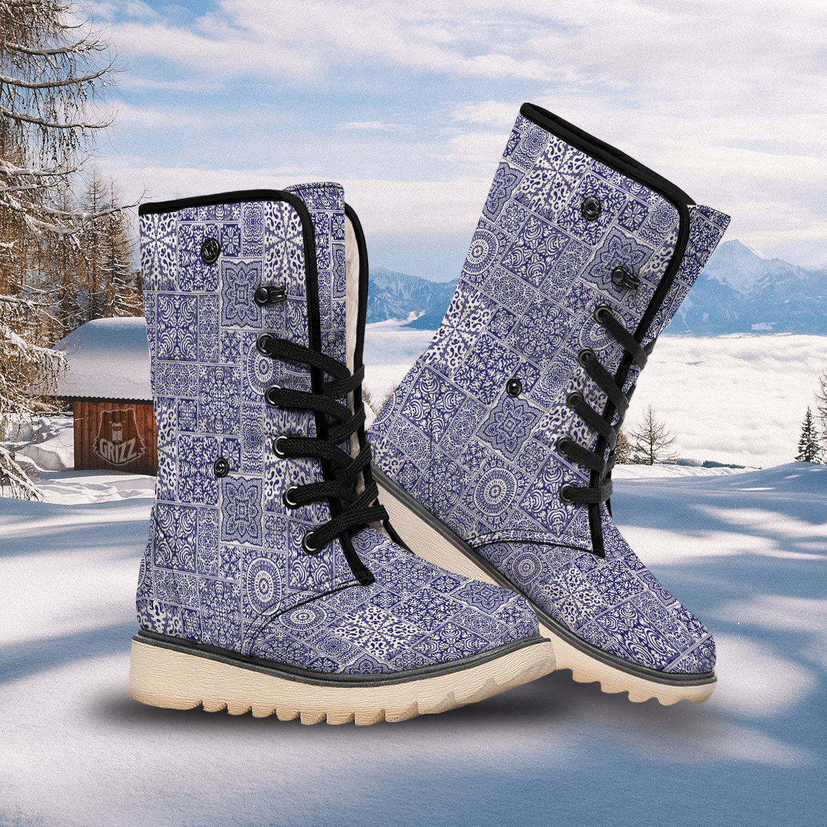Mandala Patchwork Square Bohemian Print Pattern Snow Boots-grizzshop