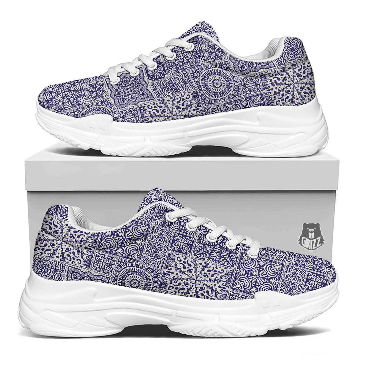 Mandala Patchwork Square Bohemian Print Pattern White Chunky Shoes-grizzshop
