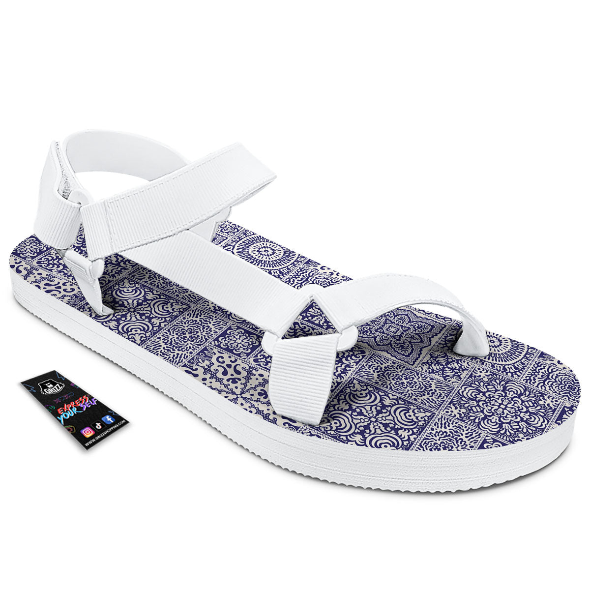 Mandala Patchwork Square Bohemian Print Pattern White Open Toe Sandals-grizzshop
