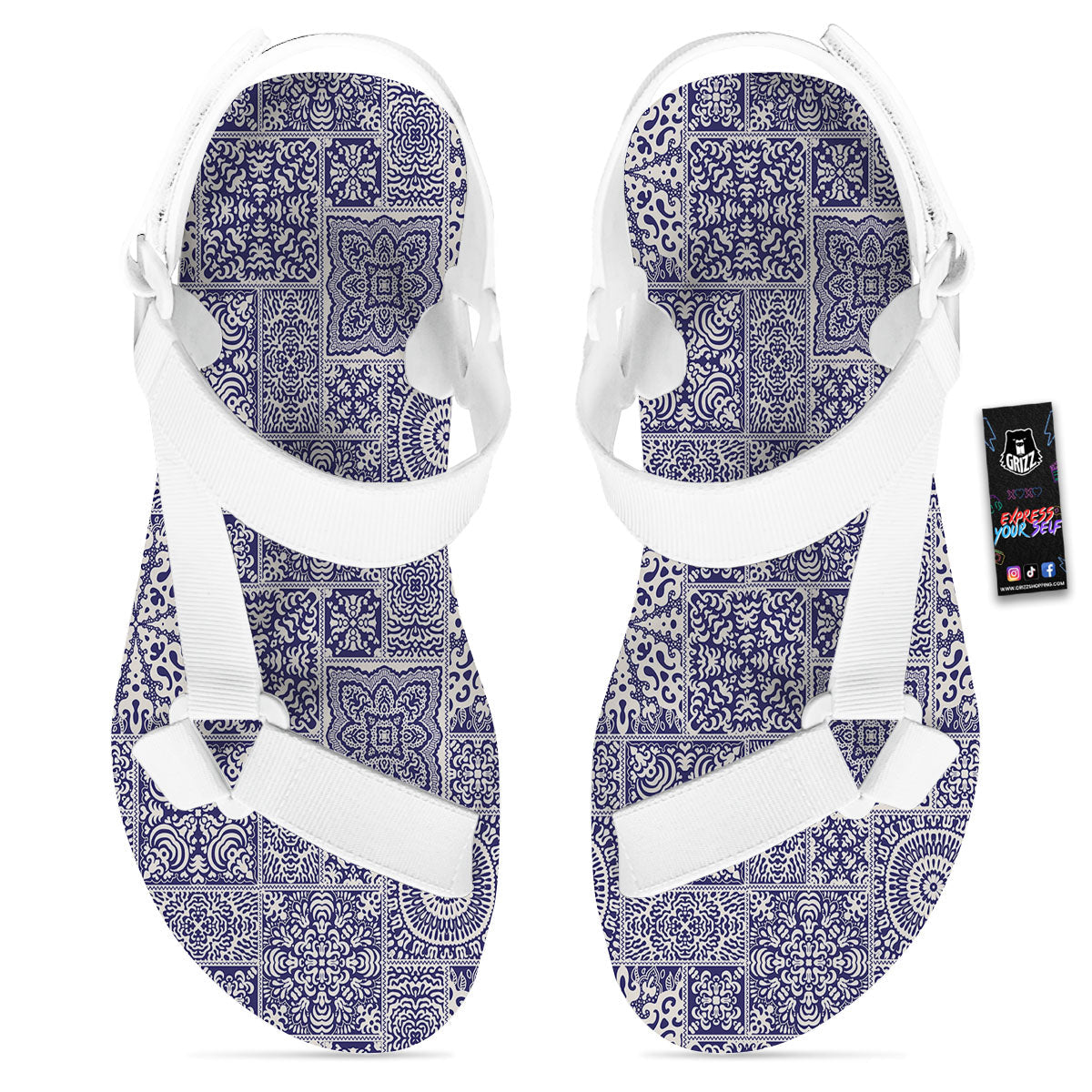 Mandala Patchwork Square Bohemian Print Pattern White Open Toe Sandals-grizzshop