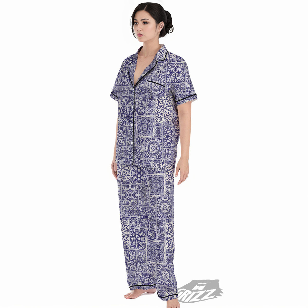 Mandala Patchwork Square Bohemian Print Pattern Women's Pajamas Set-grizzshop