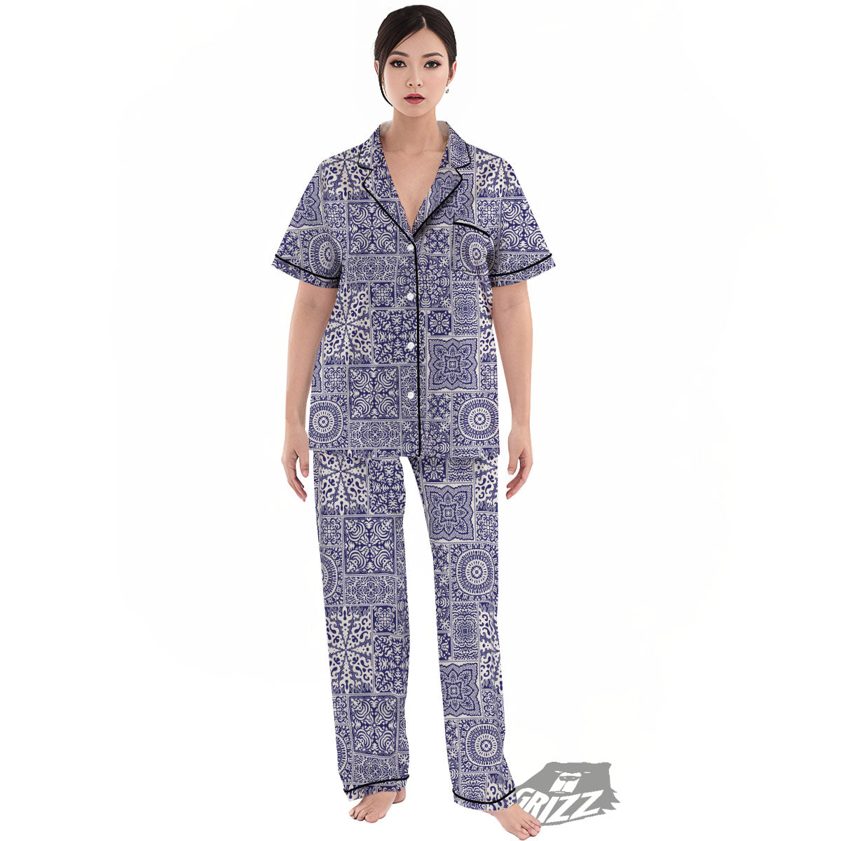 Mandala Patchwork Square Bohemian Print Pattern Women's Pajamas Set-grizzshop