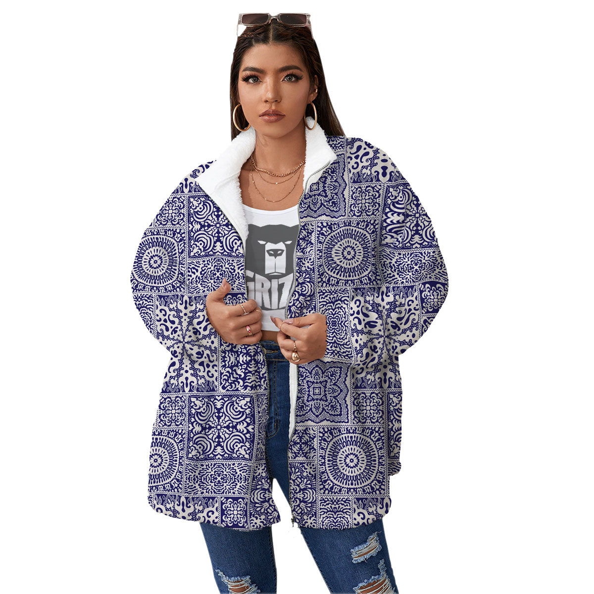 Mandala Patchwork Square Bohemian Print Pattern Women's Sherpa Jacket-grizzshop