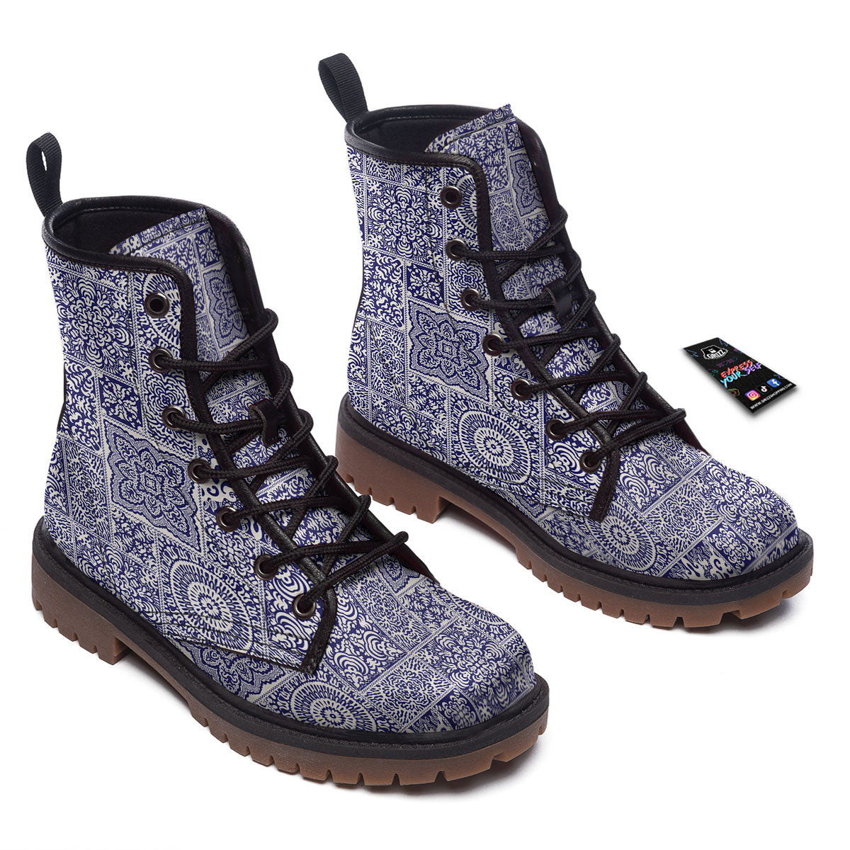 Mandala Patchwork Square Bohemian Print Pattern Work Boots-grizzshop