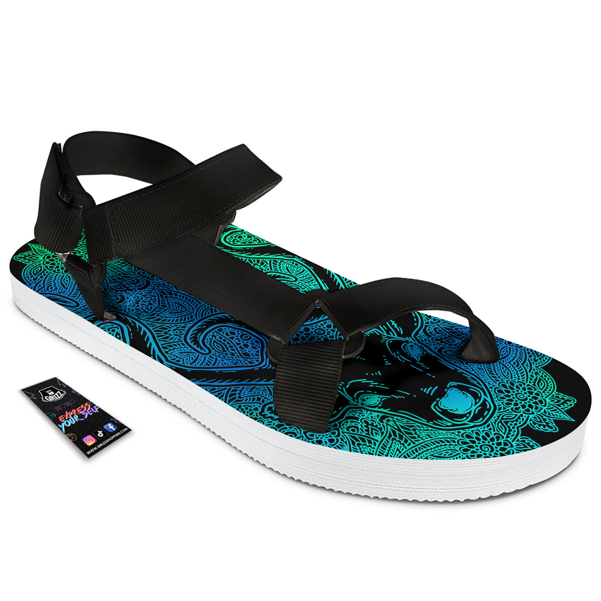 Mandala Spiritual Deer Print Black Open Toe Sandals-grizzshop