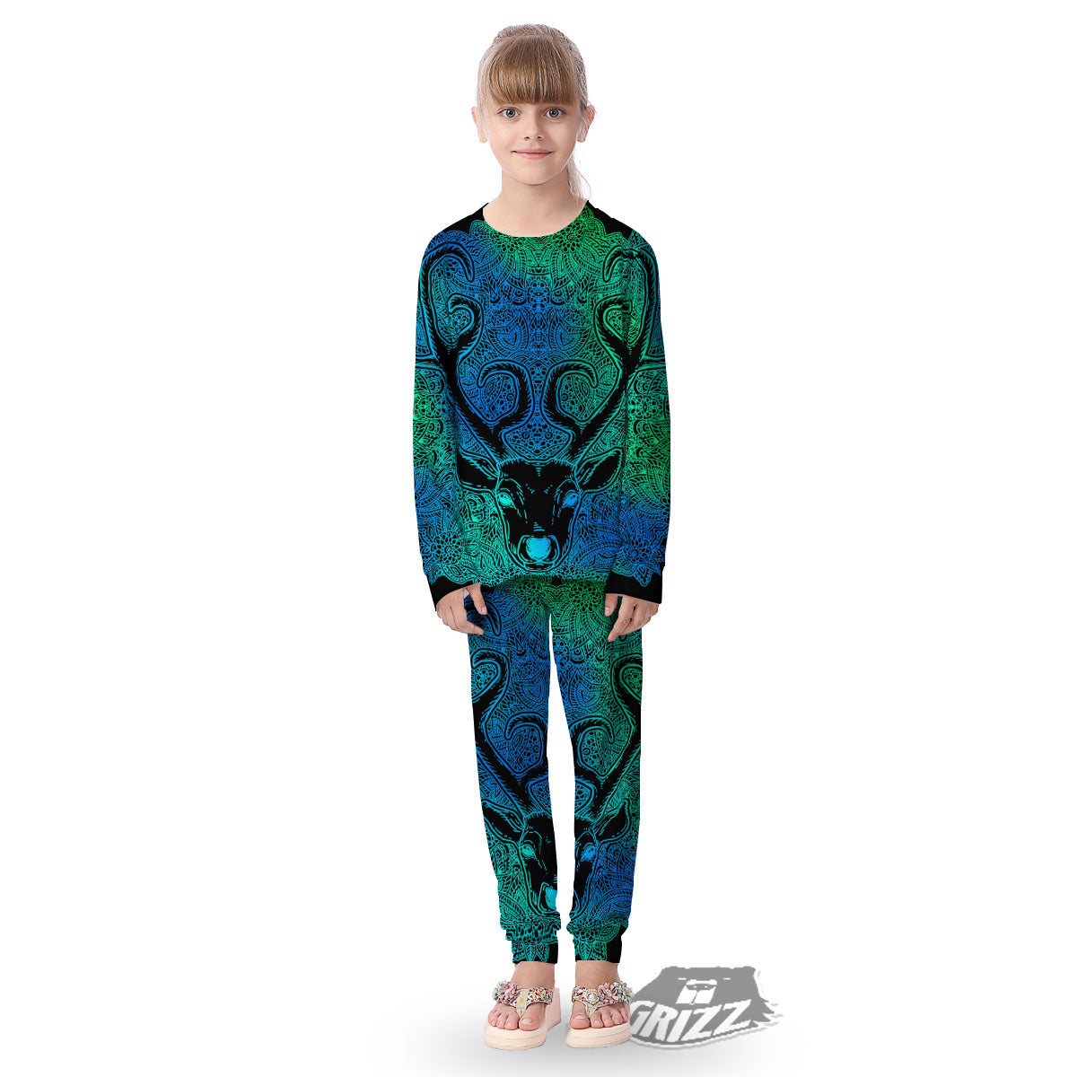 Mandala Spiritual Deer Print Kid's Pajamas-grizzshop