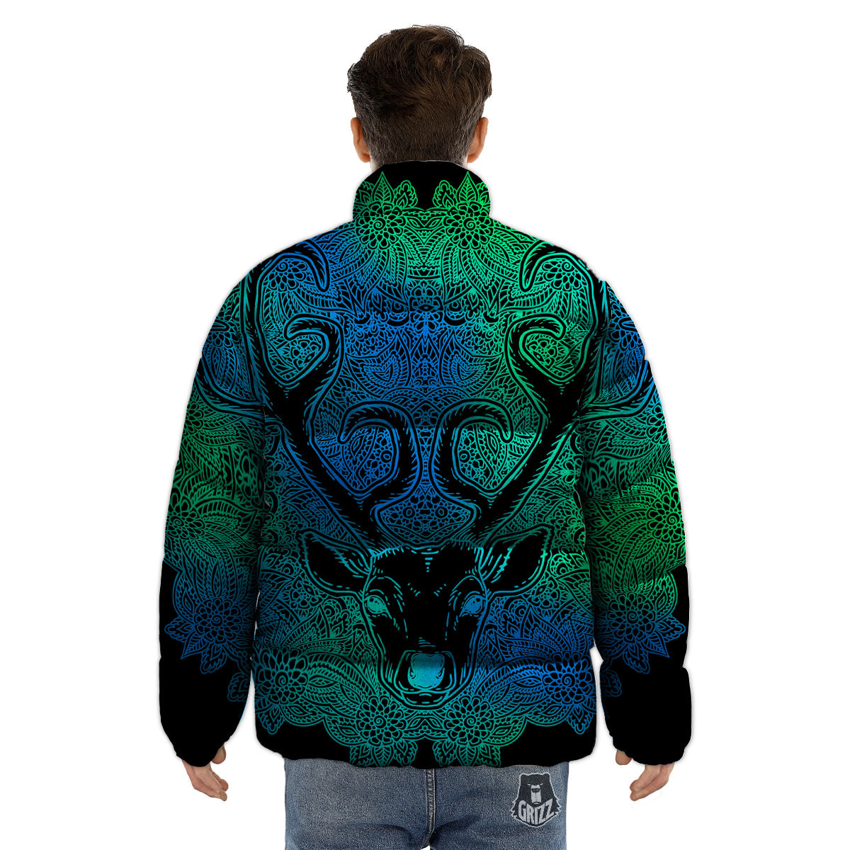 Mandala Spiritual Deer Print Puffer Jacket-grizzshop