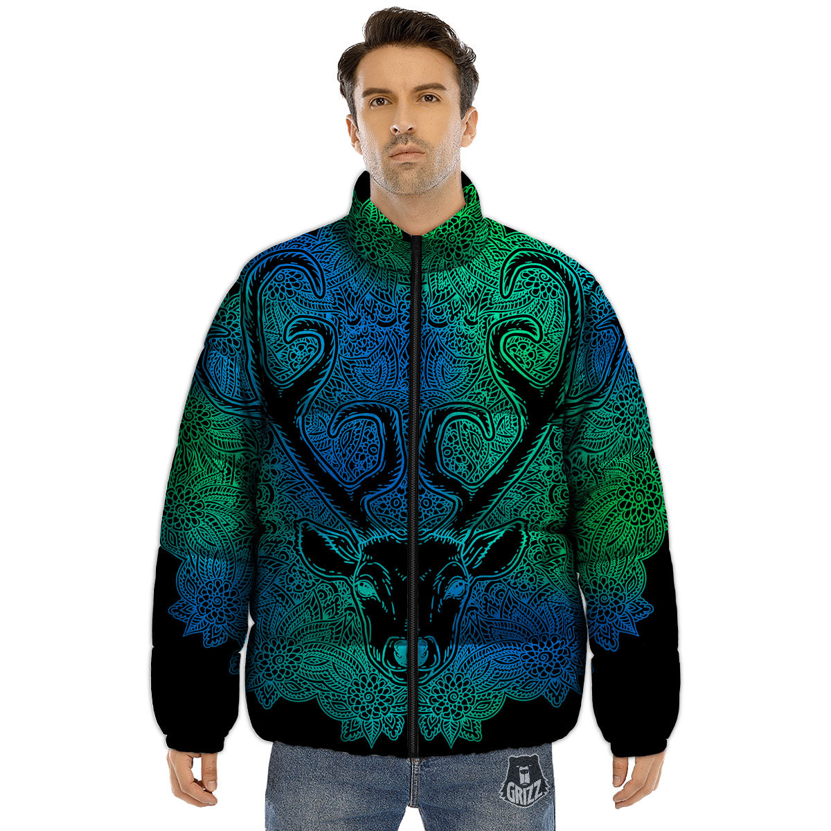 Mandala Spiritual Deer Print Puffer Jacket-grizzshop