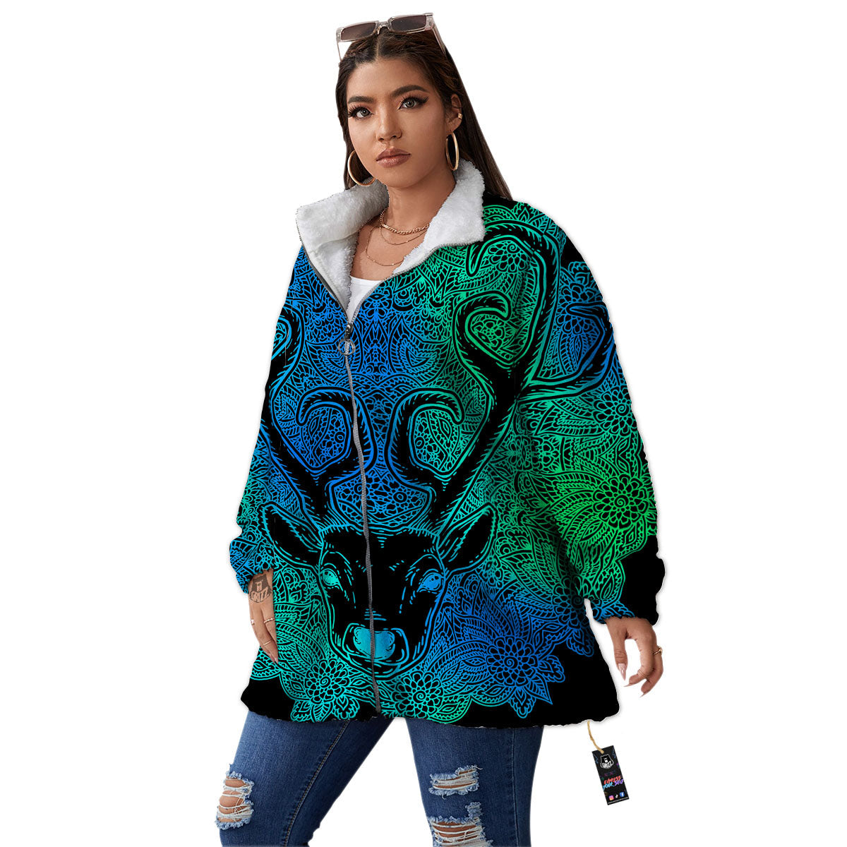 Mandala Spiritual Deer Print Women's Sherpa Jacket-grizzshop