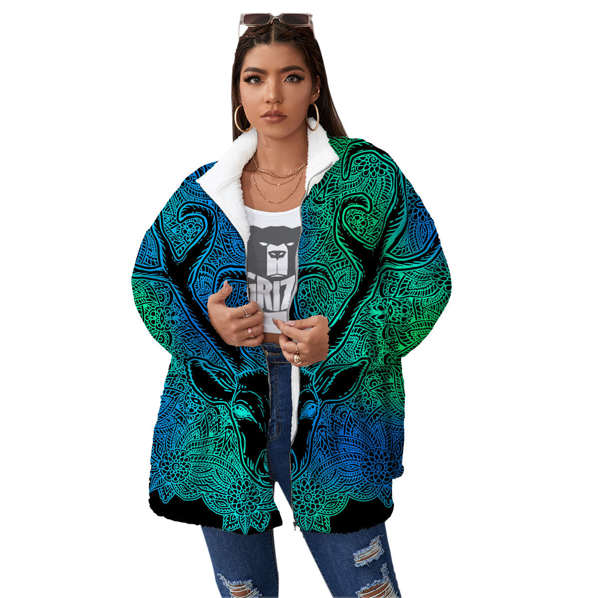 Mandala Spiritual Deer Print Women's Sherpa Jacket-grizzshop