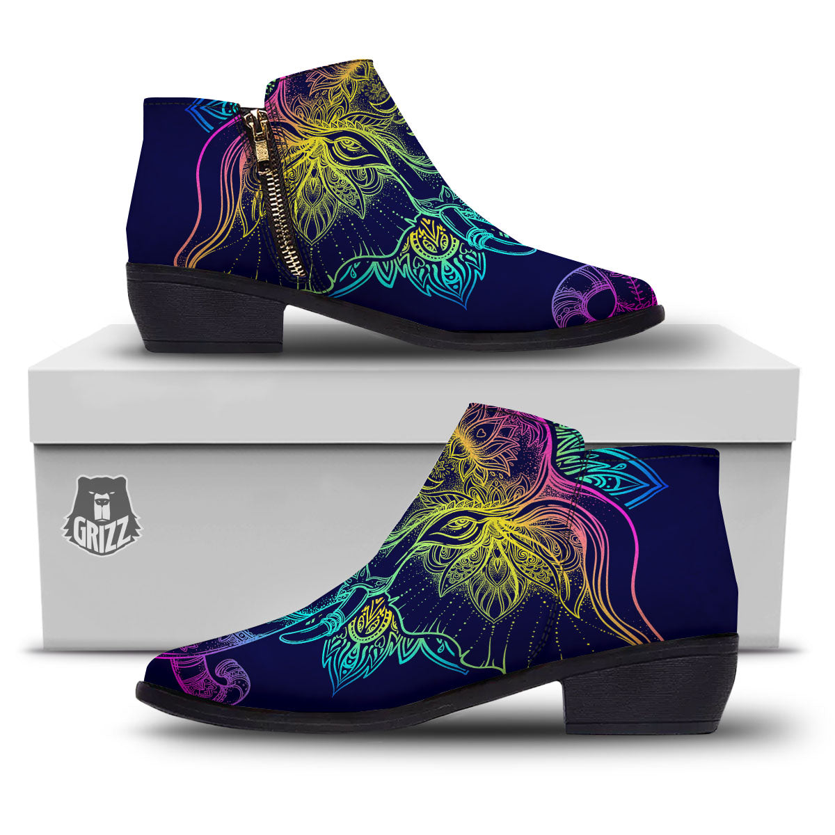 Mandala Spiritual Elephant Print Ankle Boots-grizzshop