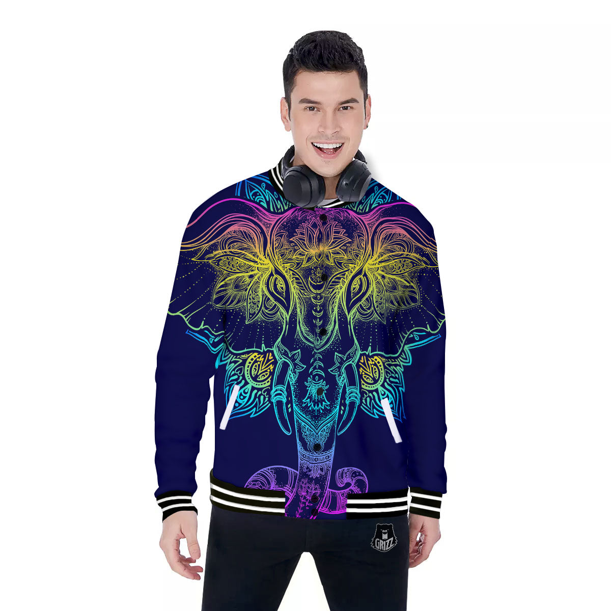 Mandala Spiritual Elephant Print Baseball Jacket-grizzshop