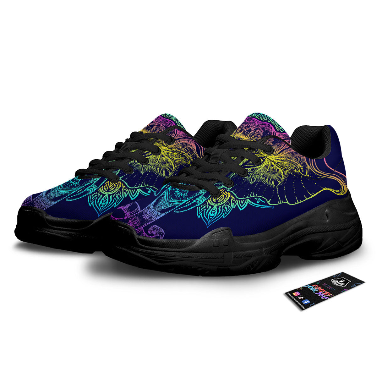 Mandala Spiritual Elephant Print Black Chunky Shoes-grizzshop