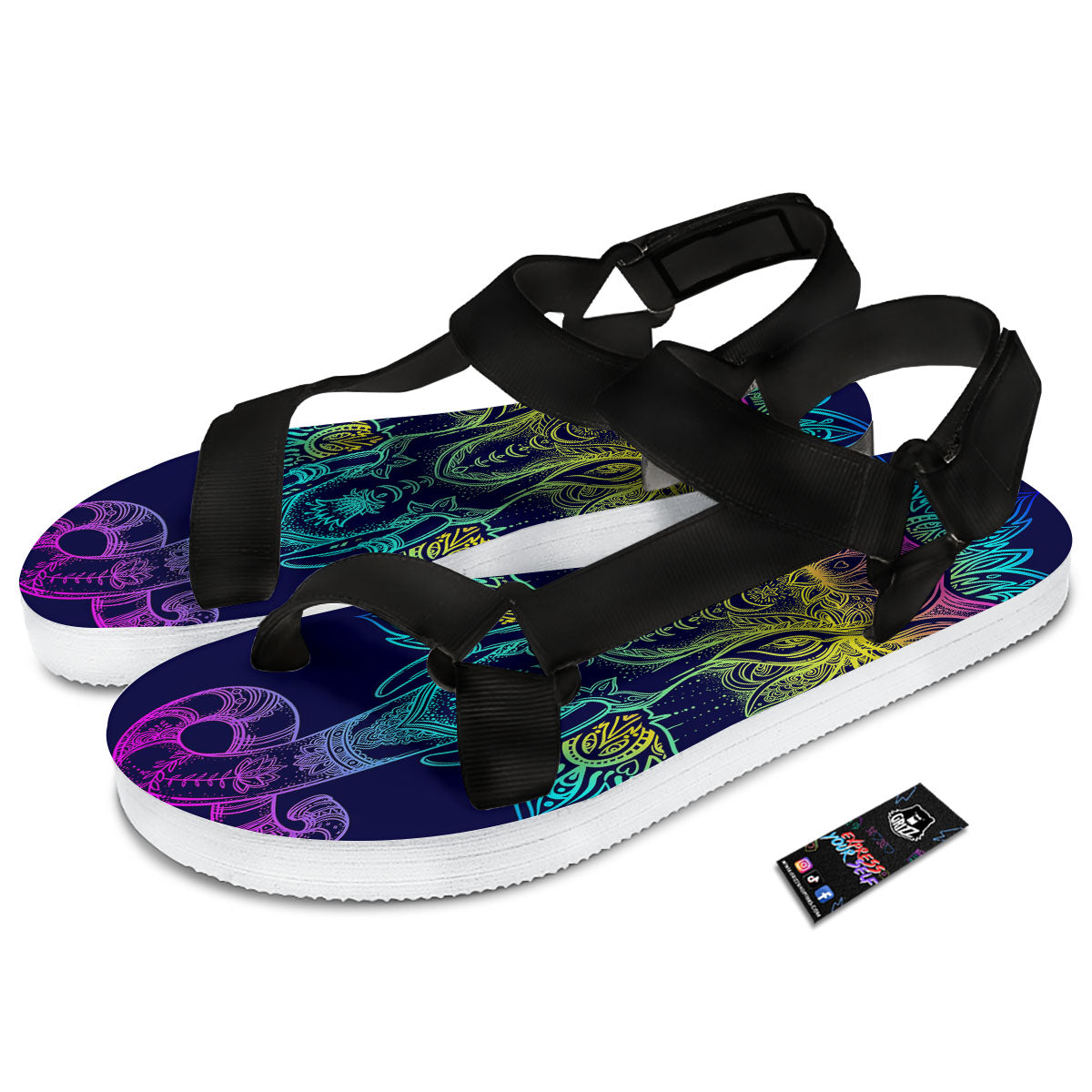 Mandala Spiritual Elephant Print Black Open Toe Sandals-grizzshop