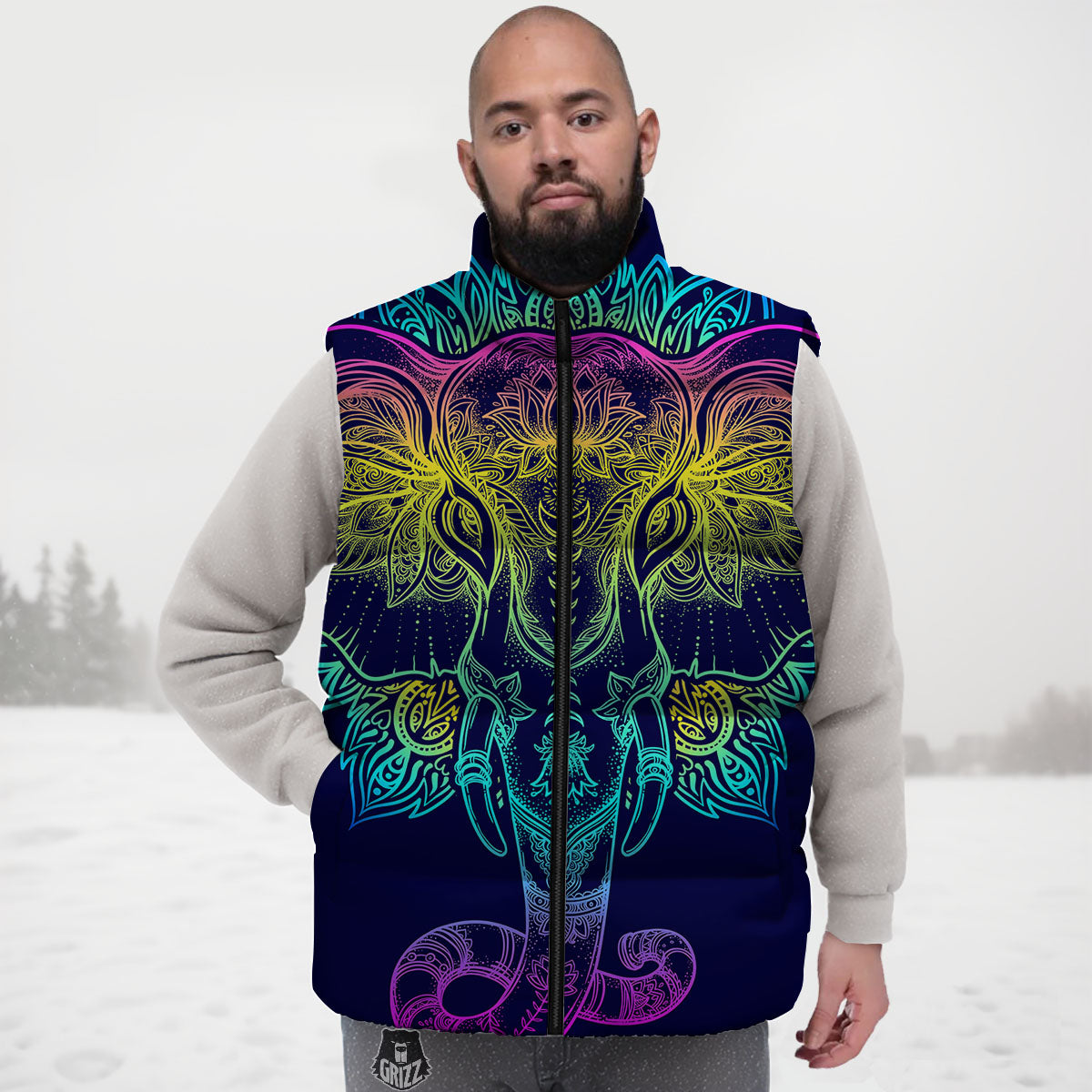 Mandala Spiritual Elephant Print Down Vest