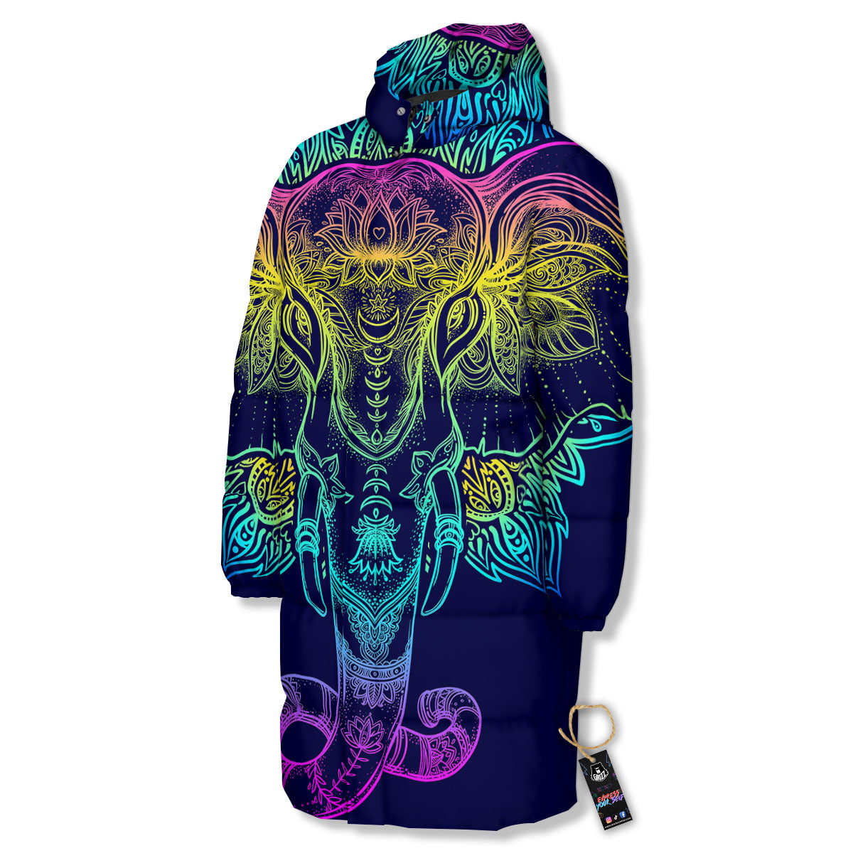 Mandala Spiritual Elephant Print Long Down Jacket-grizzshop