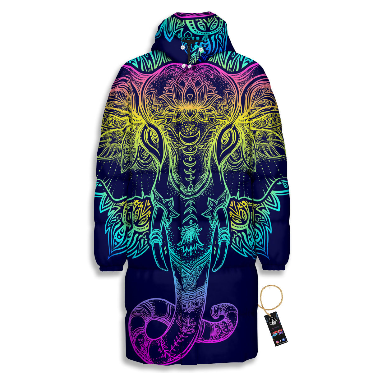 Mandala Spiritual Elephant Print Long Down Jacket-grizzshop