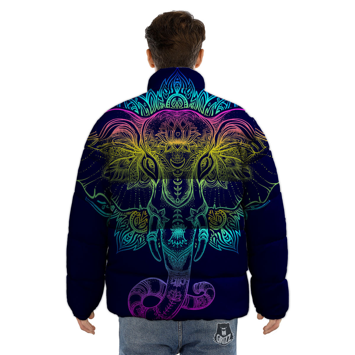 Mandala Spiritual Elephant Print Puffer Jacket-grizzshop