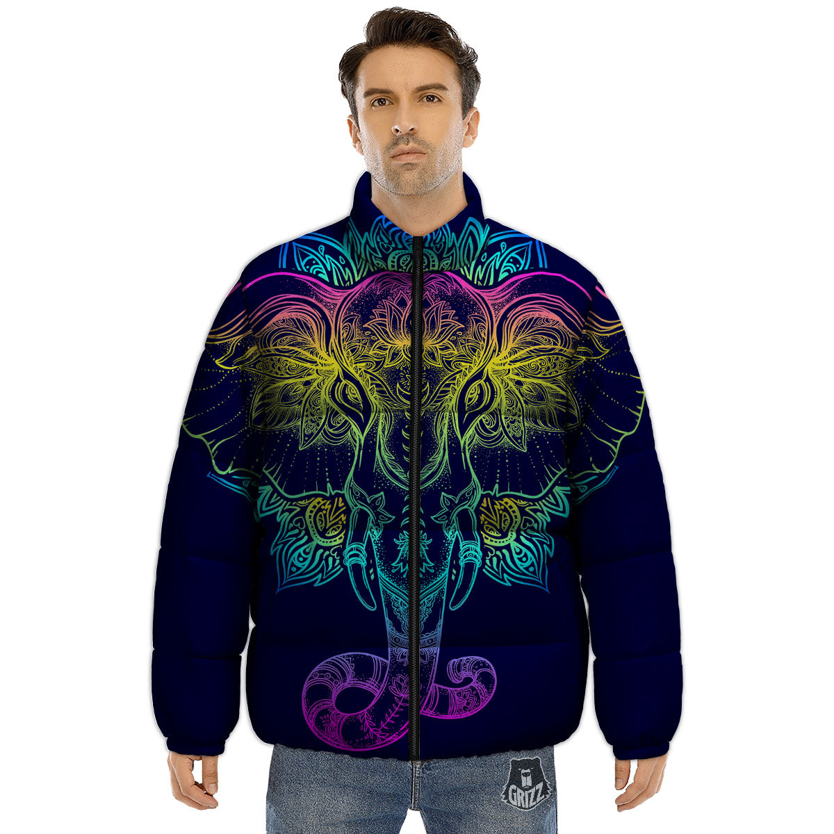 Mandala Spiritual Elephant Print Puffer Jacket-grizzshop