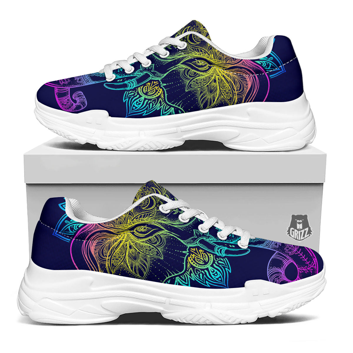 Mandala Spiritual Elephant Print White Chunky Shoes-grizzshop