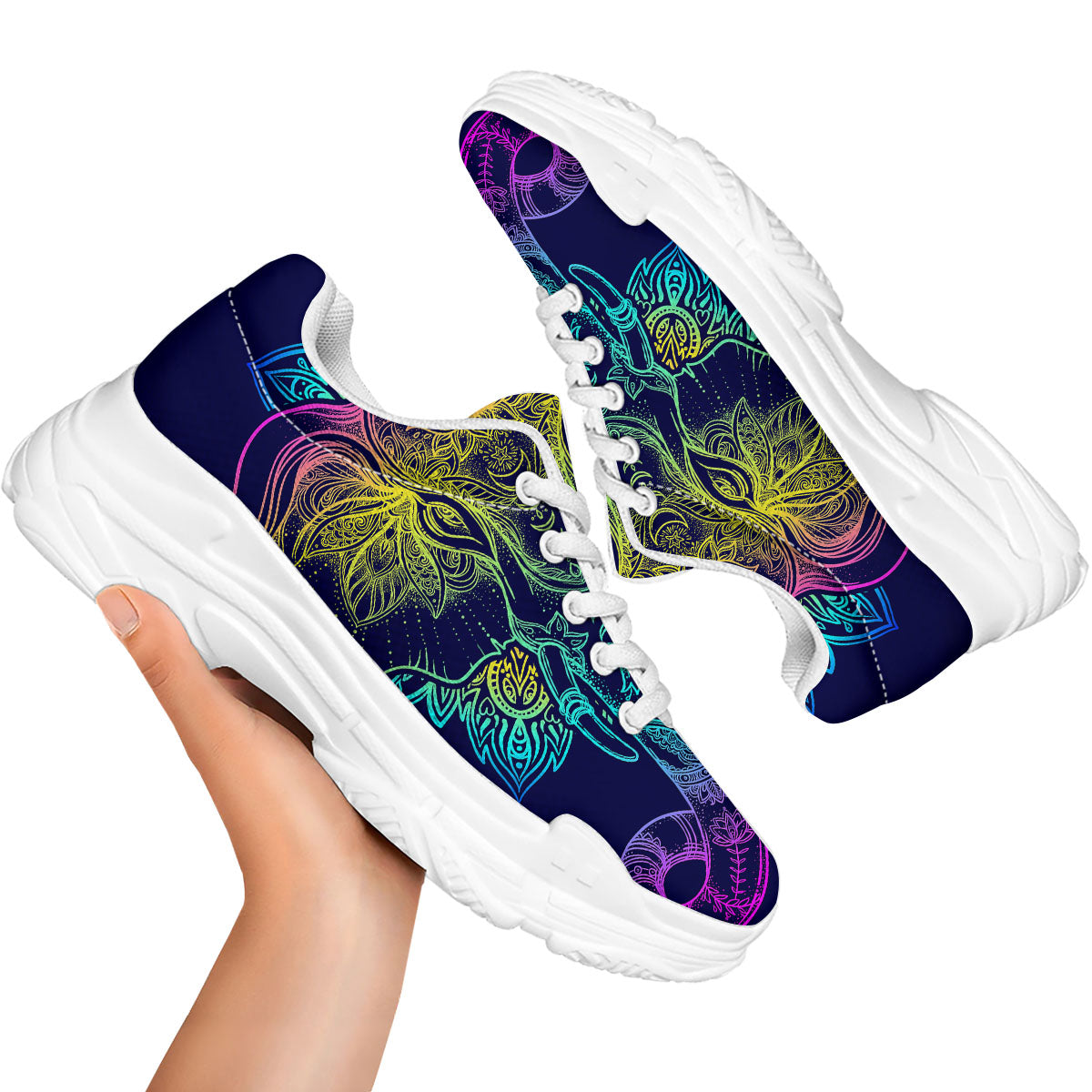 Mandala Spiritual Elephant Print White Chunky Shoes-grizzshop