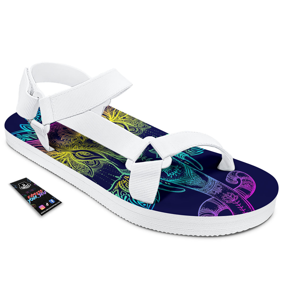 Mandala Spiritual Elephant Print White Open Toe Sandals-grizzshop
