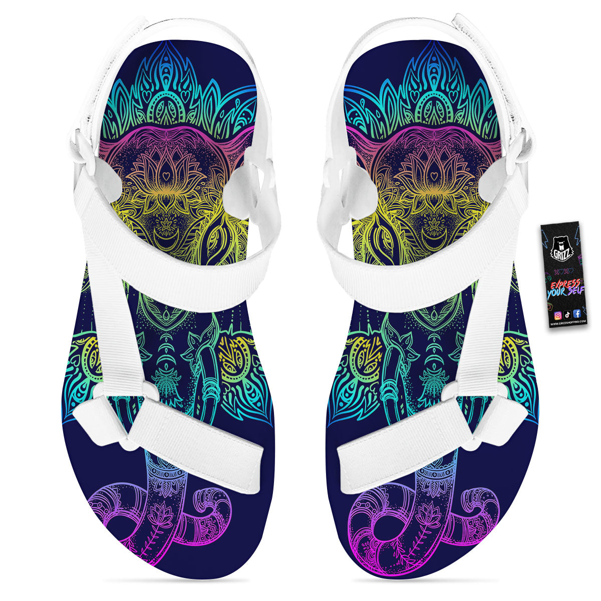 Mandala Spiritual Elephant Print White Open Toe Sandals-grizzshop
