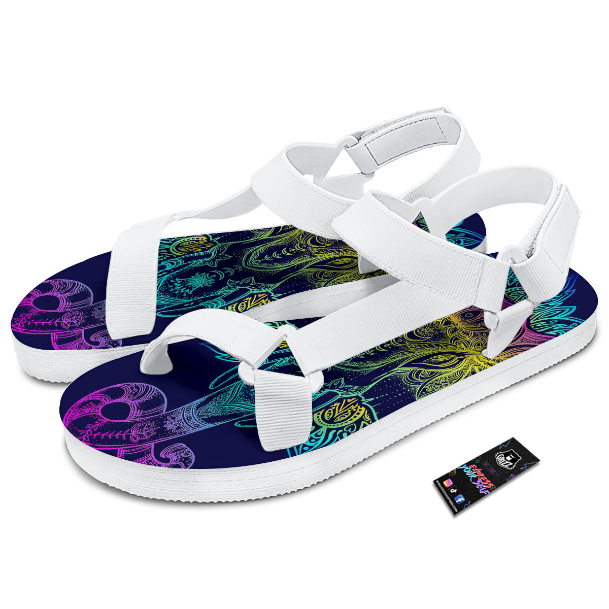 Mandala Spiritual Elephant Print White Open Toe Sandals-grizzshop