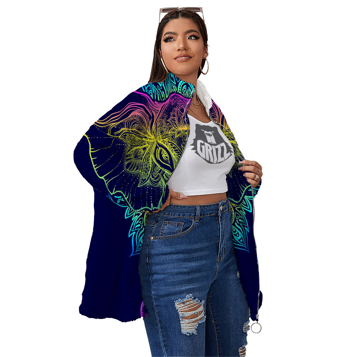 Mandala Spiritual Elephant Print Women's Sherpa Jacket-grizzshop