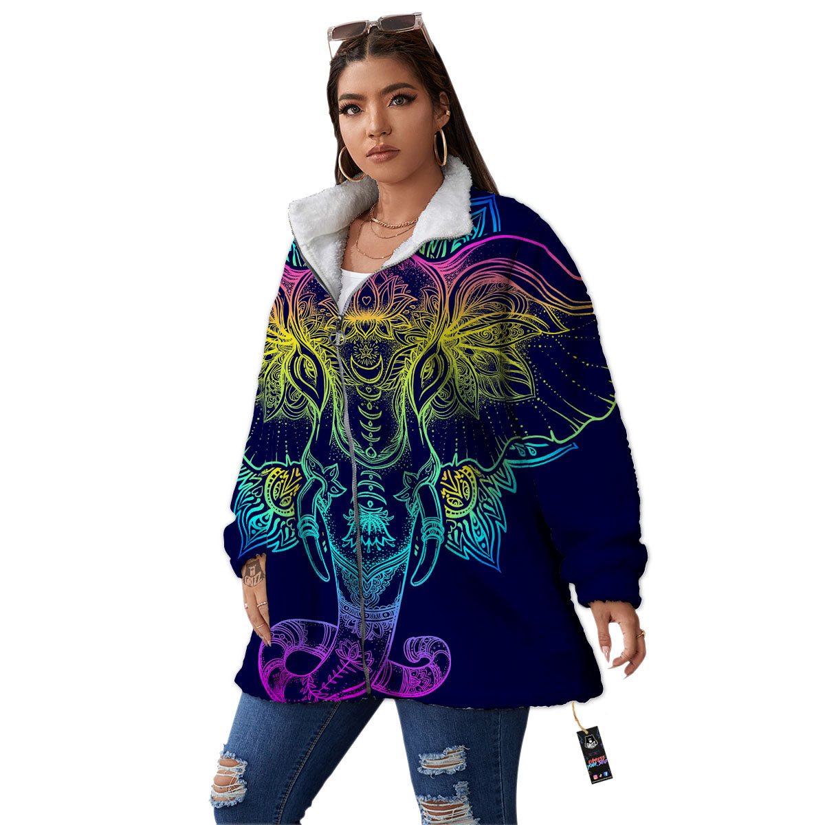 Mandala Spiritual Elephant Print Women's Sherpa Jacket-grizzshop