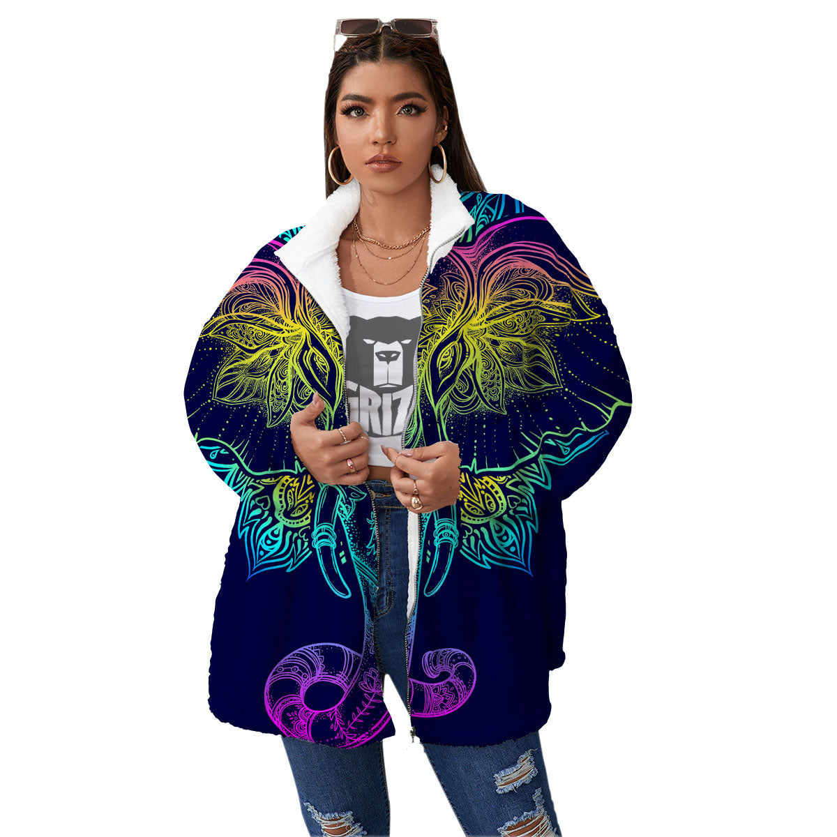 Mandala Spiritual Elephant Print Women's Sherpa Jacket-grizzshop