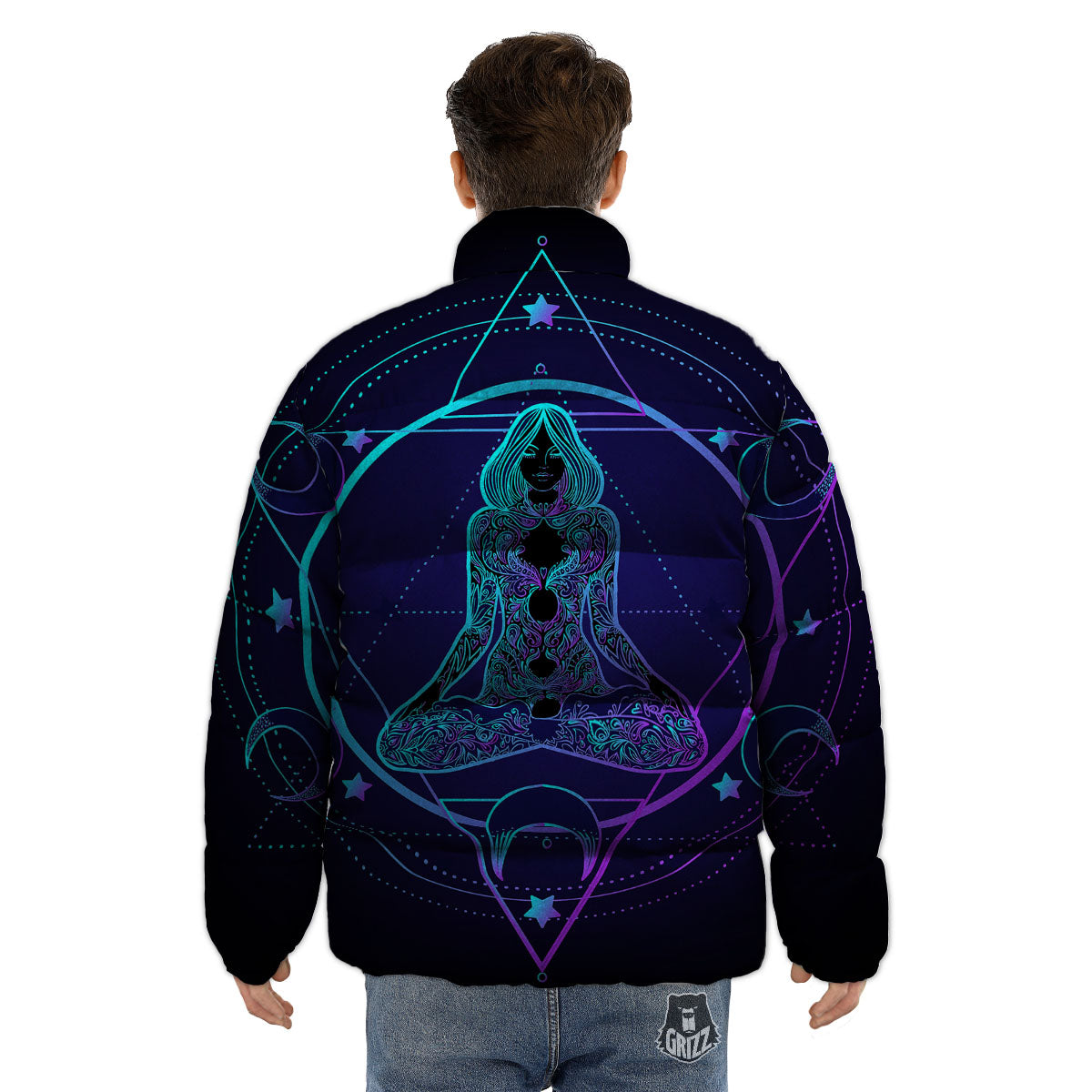Mandala Spiritual Girl Print Puffer Jacket-grizzshop