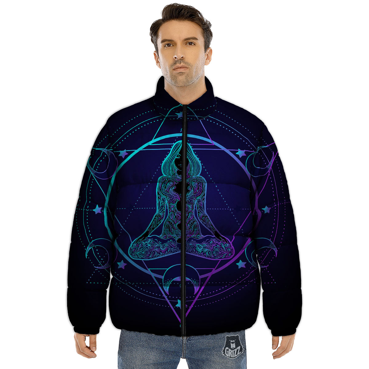 Mandala Spiritual Girl Print Puffer Jacket-grizzshop