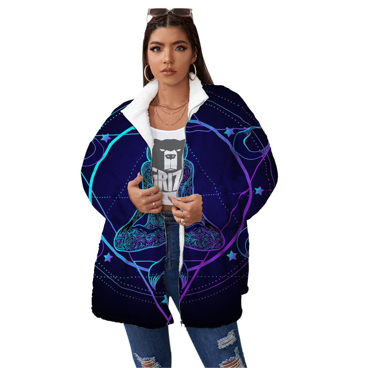 Mandala Spiritual Girl Print Women's Sherpa Jacket-grizzshop