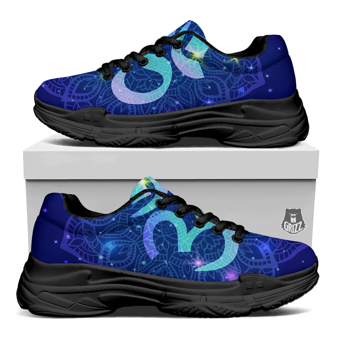 Mandala Spiritual Om Print Black Chunky Shoes-grizzshop