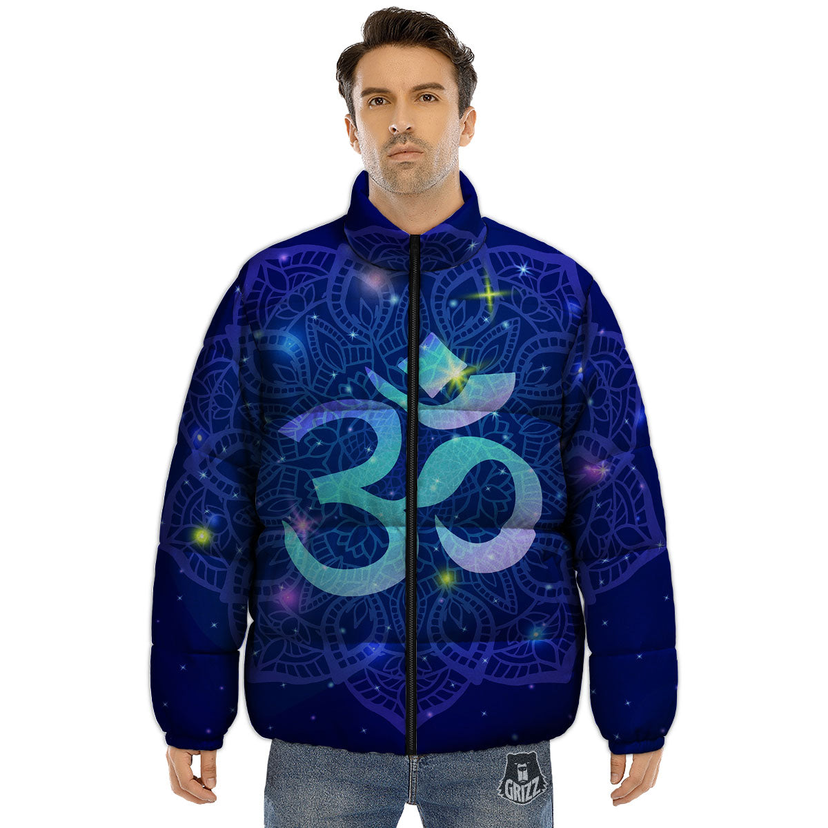 Mandala Spiritual Om Print Puffer Jacket-grizzshop