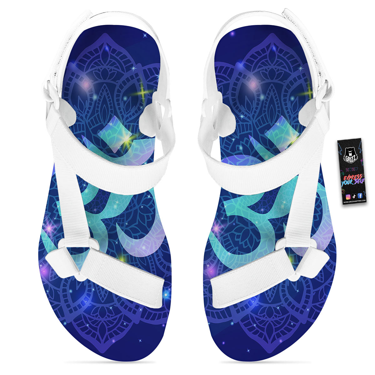 Mandala Spiritual Om Print White Open Toe Sandals-grizzshop
