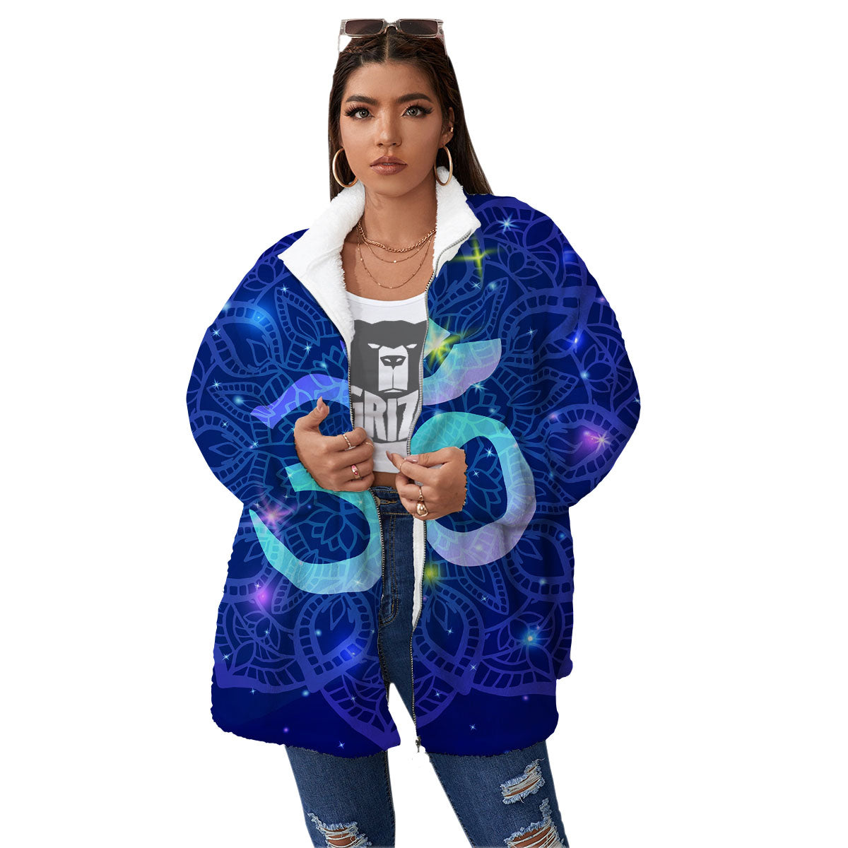 Mandala Spiritual Om Print Women's Sherpa Jacket-grizzshop